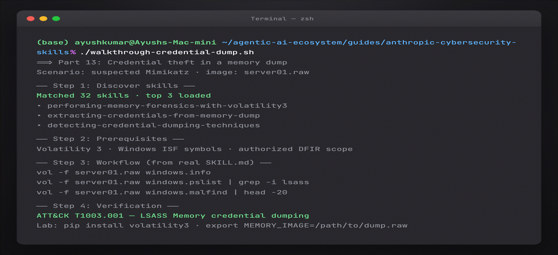 Part 13 — credential dump walkthrough (real script output)