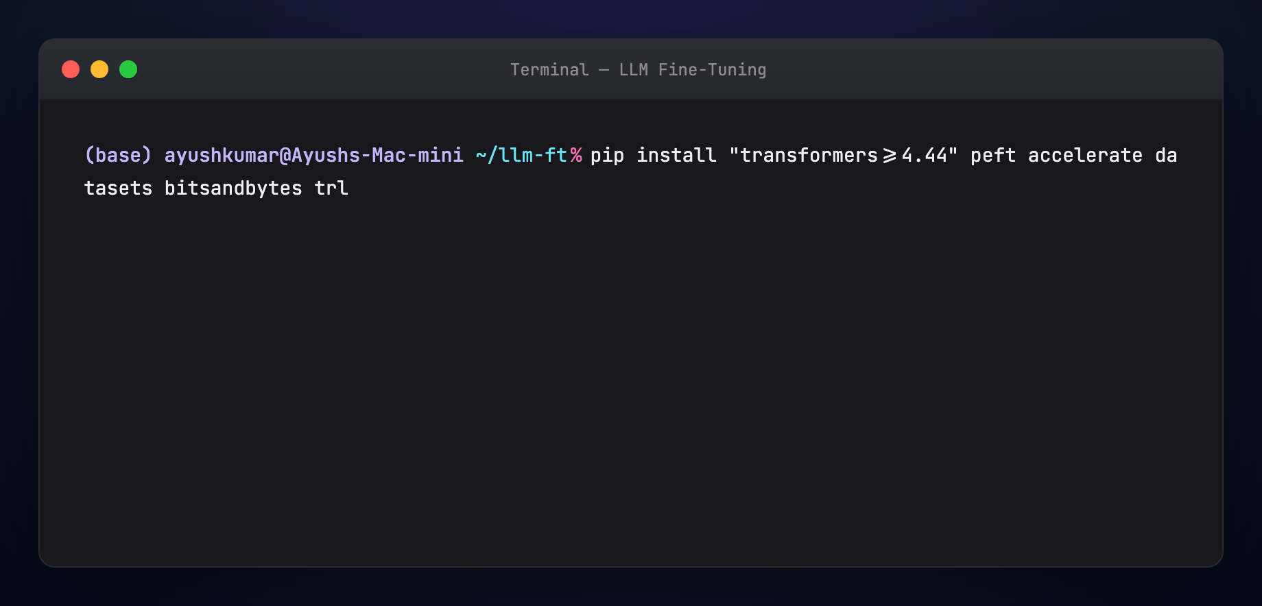 Install PEFT stack — animated terminal